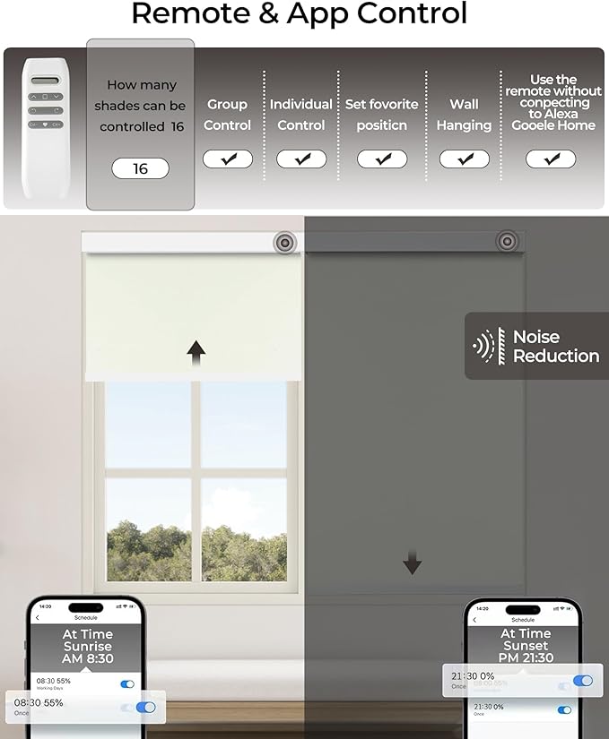 Motorized Roller Shade with Remote Control, 100% Blackout Electric 21-110” Width Blinds for Windows with Via Hub Alexa Google Home, Rechargeable Smart Automatic Customized Size（Dule Side-Beige）