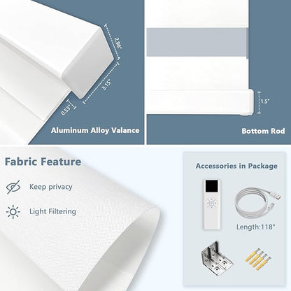 Motorized Zebra Blinds for Windows Cordless Electric Curtains with Remote Control Blackout Shades Custom Smart Blinds Compatible with Alexa Google Home(Light Filtering White,W56 X 72in)