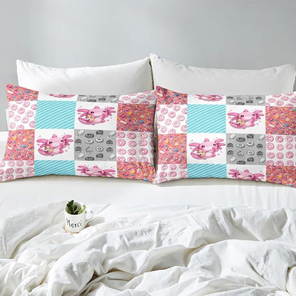 Axolotl Fitted Sheet Twin,Kawaii Donut Animals Splicing Geometric Bed Sheet 2 Pieces Fits Mattress(No Flat Sheet),Pink Blue Sweet Candy Decorative Fabric Bedding All-Round Elastic Pocket