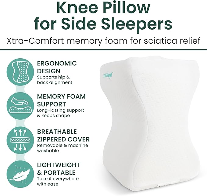 Memory Foam Knee Pillow for Side Sleepers - Orthepedic Sciatica, Back, Under Leg, Hip and Joint Support - Pregnancy and Maternity