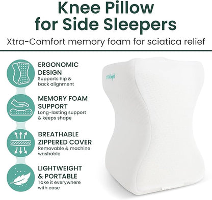 Memory Foam Knee Pillow for Side Sleepers - Orthepedic Sciatica, Back, Under Leg, Hip and Joint Support - Pregnancy and Maternity
