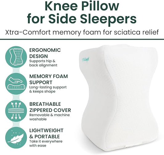 Memory Foam Knee Pillow for Side Sleepers - Orthepedic Sciatica, Back, Under Leg, Hip and Joint Support - Pregnancy and Maternity