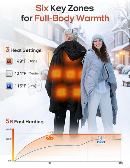 ZonLi Heated Blanket Battery Operated, Wearable Portable Electric Blanket with Rechargeable Battery, 50"x60" Cordless Heated Blanket, Waterproof, Machine Washable(Black)