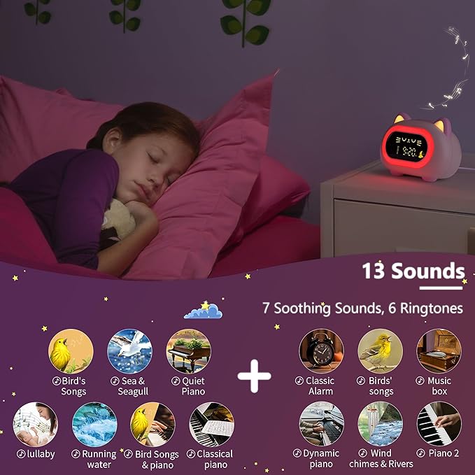 Alarm Clock for Kids, Kids Alarm Clocks for Girls with Sleep Training Dual Alarm Eye Protection Auto Off Timer 10 Color Night Light, Cat Ok to Wake Clock, Gifts for Kids Girls