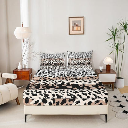 Manfei Leopard Sheet Set Twin,Cow Cowhide Fur Bed Sheet 3pcs with Deep Pocket Fitted Sheet + Flat Sheet + 1 Pillowcase Animal Fur Stripes Design Soft Brown Bedding Set for Kids Teens Adult
