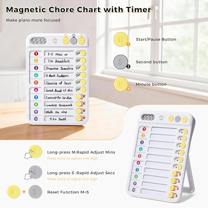 Chore Chart for Kids with Timer, ADHD Tools, Bedtime/Morning/Daily Routine Chart with 99-Min Countup/Down, Magnetic for Kids Checklist Schedule Board with Slider - White