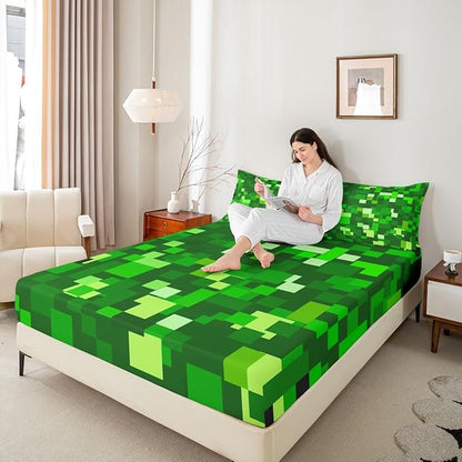 Pixel Grid Boys Girls Bed Sheets,Plaid Video Games Lattice Room Decor,Geometric Abstract Check Kids Twin Size Fitted Sheet,Green Bedding Set,1 Pillowcase(No Flat)