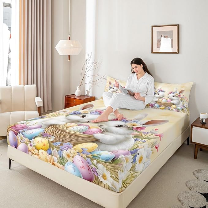 Spring Easter Bed Sheet Queen Size Easter Egg Cute Rabbit Bedding Set Floral Spring Flowers Fitted Sheet Kids Boys Girls Room Decor Yellow Colorful Soft Sheets with 2 Pillowcase,No Top Flat
