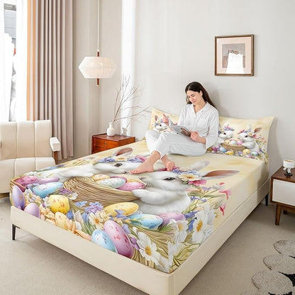 Spring Easter Bed Sheet Queen Size Easter Egg Cute Rabbit Bedding Set Floral Spring Flowers Fitted Sheet Kids Boys Girls Room Decor Yellow Colorful Soft Sheets with 2 Pillowcase,No Top Flat