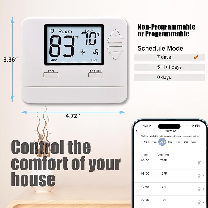 WiFi Thermostats for Home Single-Stage 1Heat/ 1Cool, APP Remote Control, 7-Day or 0-Day Programmable. (C-Wire Required)