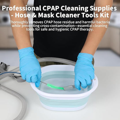 CPAP Hose Cleaner Kit - CPAP Tube Cleaning Brush, CPAP Hose Brush, LongFlexible CPAP Tube Brush with Basin, Drying Hook & Gloves - CPAP CleaningSupplies for Hose, Mask & Tubing