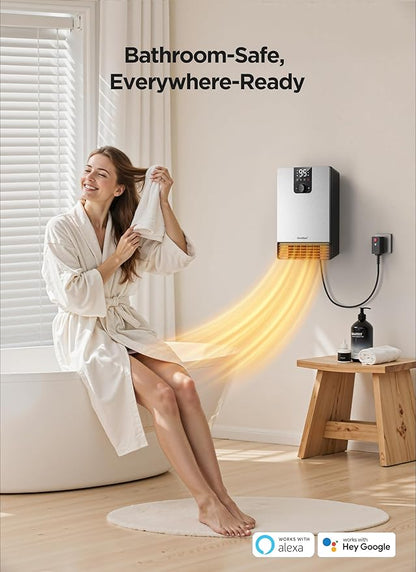 Wall Heater for Bathroom, 1500W Fast Heating Electric Space Heater with ALCI Plug, Adjustable Thermostat, 3 Heating Modes, 24H Timer, Easy Mounted Heater for Indoor Use, Home, Office, Silver