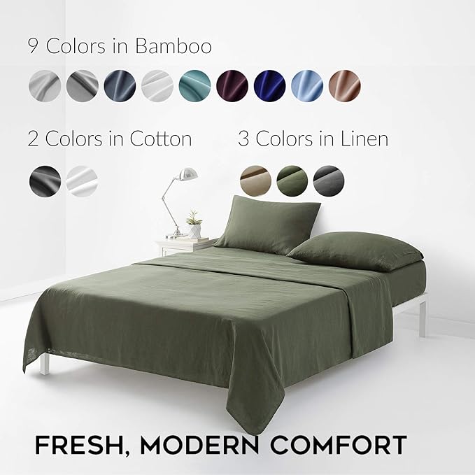 YnM French Linen Sheet Set - 3-Piece Set Includes Flat Sheet, Fitted Sheet, and 1 Pillowcases – Twin, Army Green