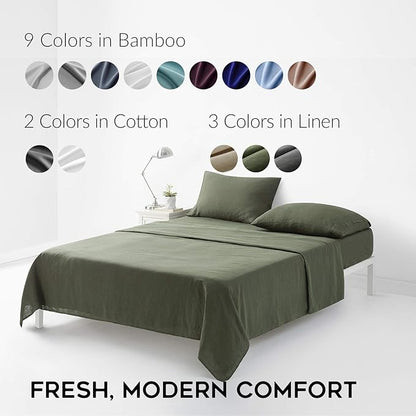 YnM French Linen Sheet Set - 3-Piece Set Includes Flat Sheet, Fitted Sheet, and 1 Pillowcases – Twin, Army Green