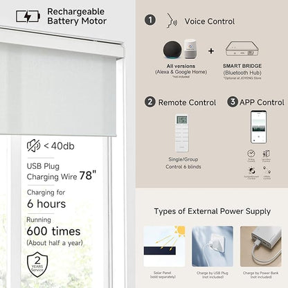 Motorized Light Filtering Roller Shades with Remote Control, Electric Smart Shades Compatible with Alexa and Google, Rechargeable, Customizable Size (Textured White)