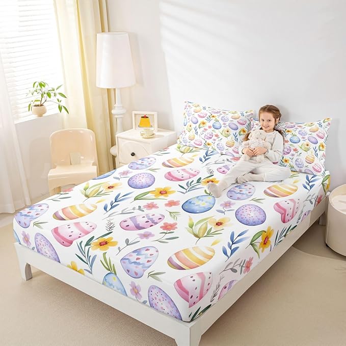 Easter Egg Fitted Sheet Queen Size Spring Flower Floral Bedding Set for Kids Bedroom Happy Easter Rustic Bed Sheet Set 3pcs Purple Colorful Deep Pocket Mattress Cover,No Top Flat