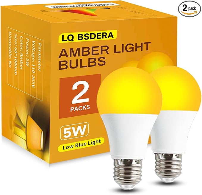 1800K Amber Light Bulbs for Sleep, 5W Blue Light Free Light Bulbs, Promote Melatonin Production, Relieve Stress, Assisting Sleep, a19 Amber Night Light qith E26/E27 Base for Most Lamps, 2PK