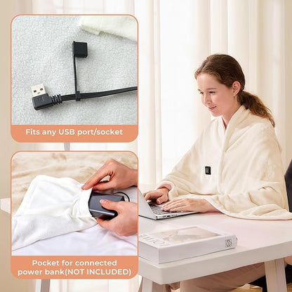 JOLLYVOGUE USB Heated Blanket Throw, Wearable & Portable Heating Electric Blanket for Adults, 3 Levels & 8 Heating Zone Shawl for Indoor & Outdoor, Beige (Battery Not Included)