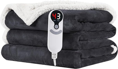 Electric Heated Blanket Twin Size 62"x84" - Flannel & Sherpa Fabric Dual-Sided, 6 Heat Settings & 10 Hours Auto Off, Soft & Cozy Warming Throw for Home, Office, or Bed, Machine Washable, Iron Gray