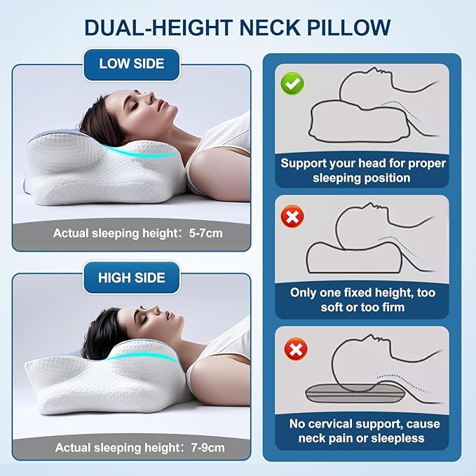 Cervical Pillow for Neck and Shoulder Relief, Cooling Memory Foam Pillow for Sleeping, Ergonomic Neck Support Pillow Contour Bed Pillow for Back Side Stomach Sleepers with Pillowcase