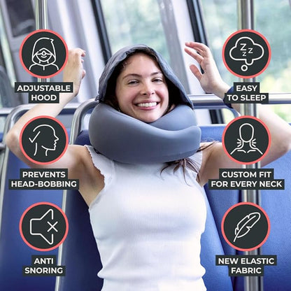 FlyHugz® 2.0 Hooded Travel Pillow – 2026 Original Release – Memory Foam Neck Pillow with Adjustable Hood & Premium Elastic Washable Cover – First Class Comfort for Flights, Road Trips & Sleep-Gray.