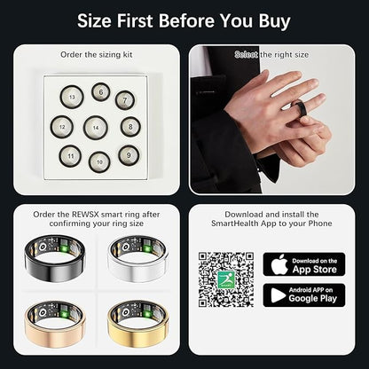Smart Health Ring for Women Men, Fitness Tracker Ring with Heart Rate, Blood Oxygen, Sleep Tracker, Step Tracker, No Subscription Fee, IP68 Waterproof Smart Ring for iPhone & Android (Black, 8#)