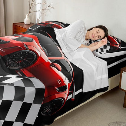 Manfei Red Race Car Sheet Set Queen Black and White Grid Bedding Set for Kids Teens Room Decor,Soft Extreme Sport Bed Sheet Set 4pcs with Deep Pocket Fitted Sheet + Flat Sheet + 2 Pillowcases