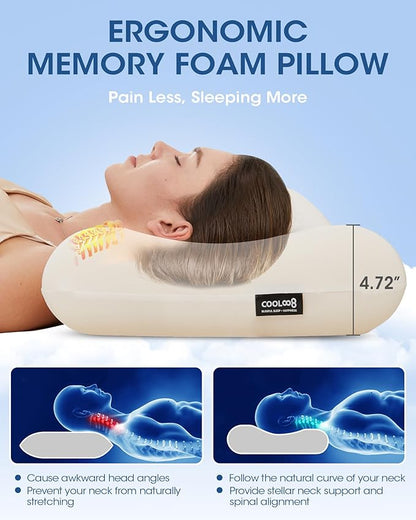 Memory Foam Pillows Queen Size, Contour Cooling Cervical Pillow for Neck Pain Relief, Orthopedic Ergonomic Bed Pillow for Side, Back and Stomach Sleepers, Soft Cloudy Sleeping Pillows (1 PCS)
