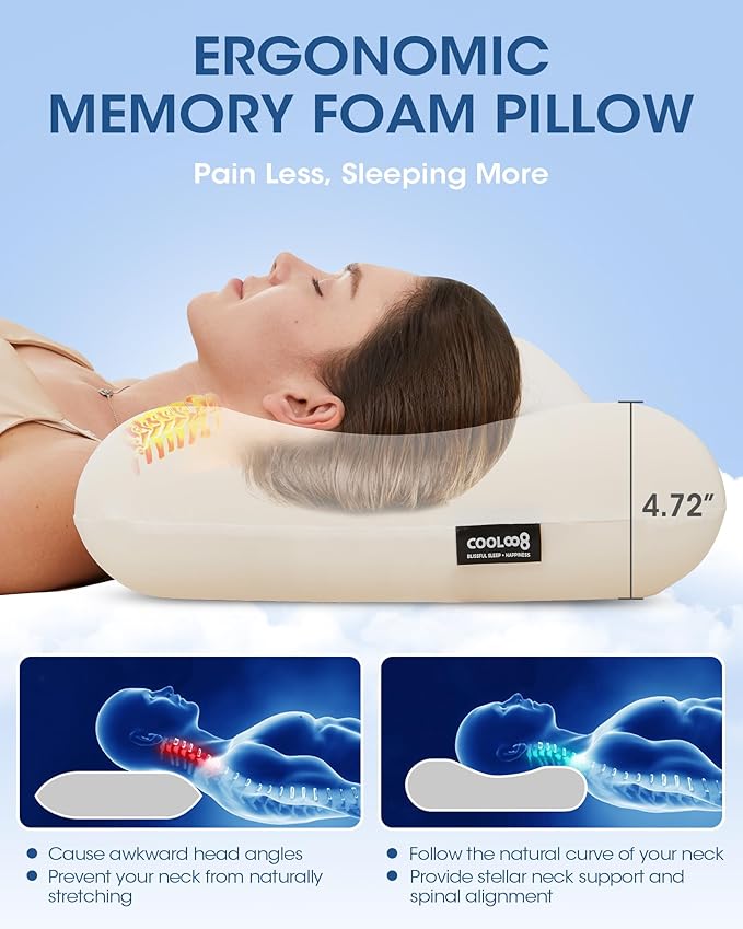 Memory Foam Pillows Queen Size Set of 2, Contour Cooling Cervical Pillow for Neck Pain Relief, Orthopedic Ergonomic Bed Pillow for Side, Back and Stomach Sleepers, Soft Cloudy Sleeping Pillows