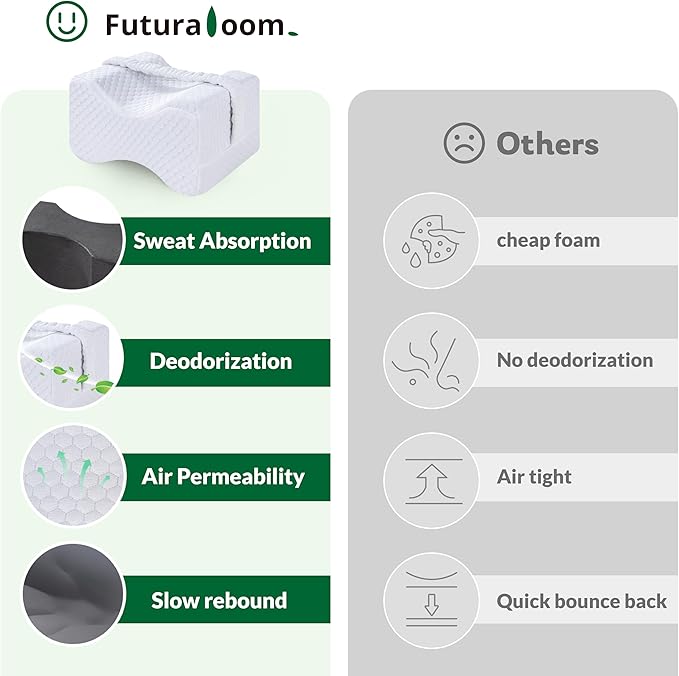 Knee Pillow for Side Sleepers with Straps, Charcoal Memory Foam Leg & Knee Pillow for Hip Pain, Back Pain, Sciatica Pain Relief, Pregnancy, Knee Support Pillow for Sleeping