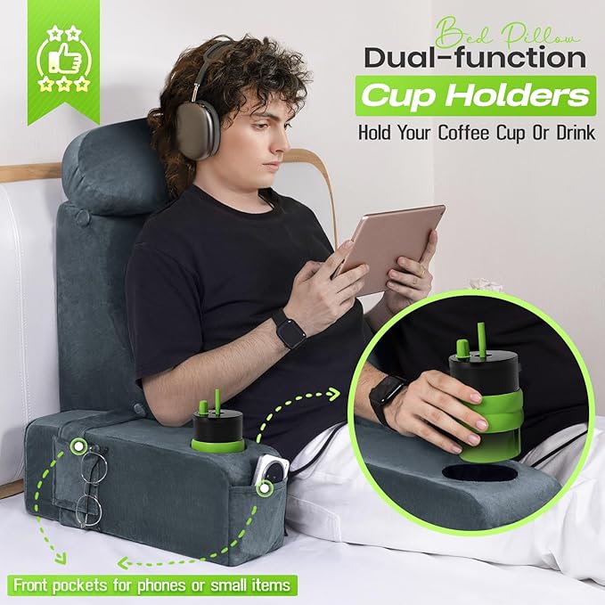 AS AWESLING 19 INCH Reading Pillow for Adults, Back Pillow for Bed Sitting Up, Backrest Pillow for Sitting in Bed, Detachable Arms with Built-in Cup & Phone Caddy (Dark Gray, 19 INCH)