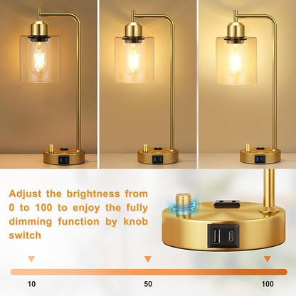 Innqoo Gold Table Lamp for Bedroom - Industrial Bedside Lamp with USB Port and Outlet, Fully Dimmable Nightstand Lamp with Clear Glass Shade, Small Desk Lamps for Home Office