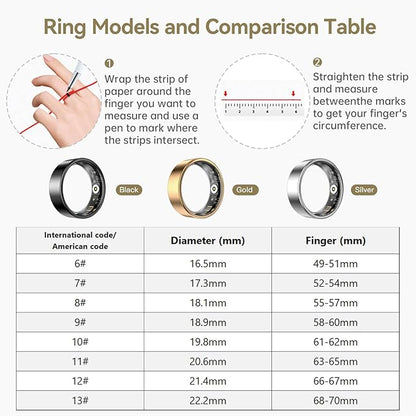 Smart Ring for Women & Men, Fitness Tracker with Heart Rate, Blood Oxygen, Sleep Monitoring, Long-Lasting Battery, IP68 Waterproof, No Subscription Required (Gold, 6#)