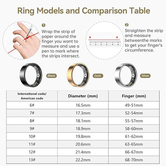 Smart Ring for Women & Men, Fitness Tracker with Heart Rate, Blood Oxygen, Sleep Monitoring, Long-Lasting Battery, IP68 Waterproof (Black, 9)