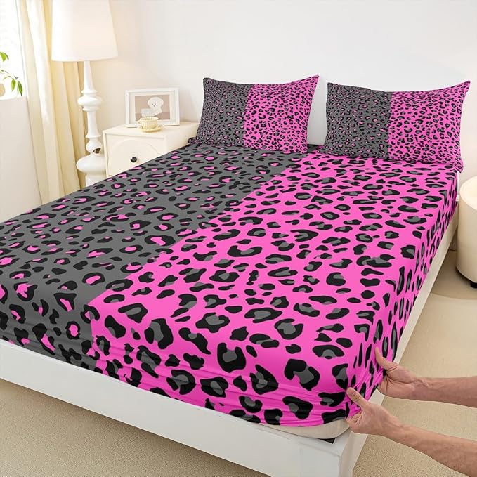 Manfei Leopard Print Sheet Set Queen Size Cheetah Bed Sheet Set 4pcs with Deep Pocket Fitted Sheet + Flat Sheet + 2 Pillowcases Black and Purple Animals Soft Bedding Set for Kids Teens Boys Girls