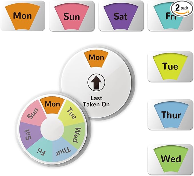 2 Pack 7-Day Pill Reminder Tracker 2-in-1 Magnetic & Adhesive – Stick to Plastic or Glass Bottles, or Attach Magnetically to Fridge/Metal Surfaces – Reusable for Medications, Vitamins, Pet Medicine