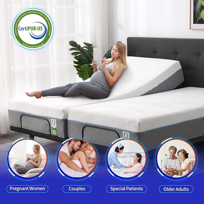 Full Adjustable Bed Frame with Mattress,12 Inch White Gel Memory Foam Medium-Firm Mattress in Box,Pillow-Tilt, Head and Foot Lift, Updated AElectric Beds with APP Control,USB, Massage