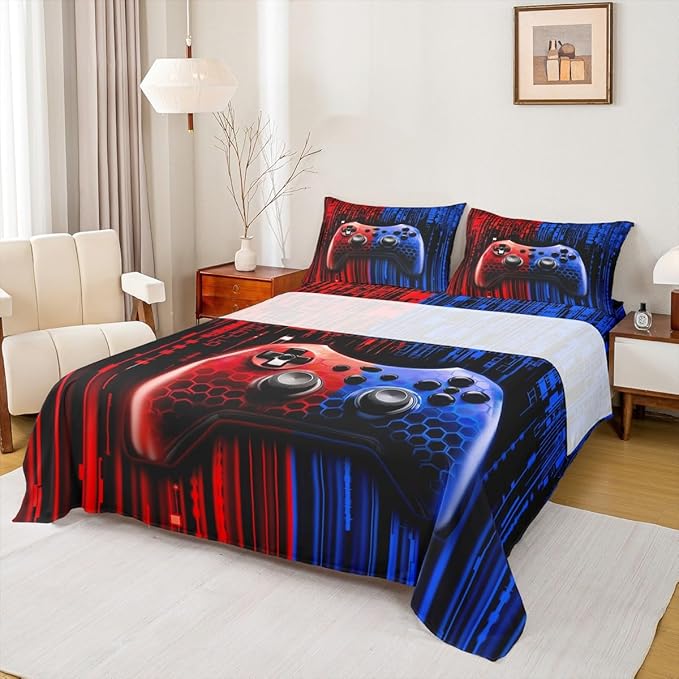 Gaming Gamepad Kids Sheet Full Size,3D Videogames Controller Bedding Set,Boys Girls Room Decor,Modern Geometric Honeycomb Hexagon Fashion Red Blue Bed Sheet Set 4pcs(Fitted + Flat + 2 Pillowcases)