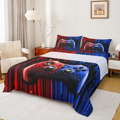 Gaming Gamepad Kids Sheet Queen Size,3D Videogames Controller Bedding Set,Boys Girls Room Decor,Modern Geometric Honeycomb Hexagon Fashion Red Blue Bed Sheet Set 4pcs(Fitted + Flat + 2 Pillowcases)