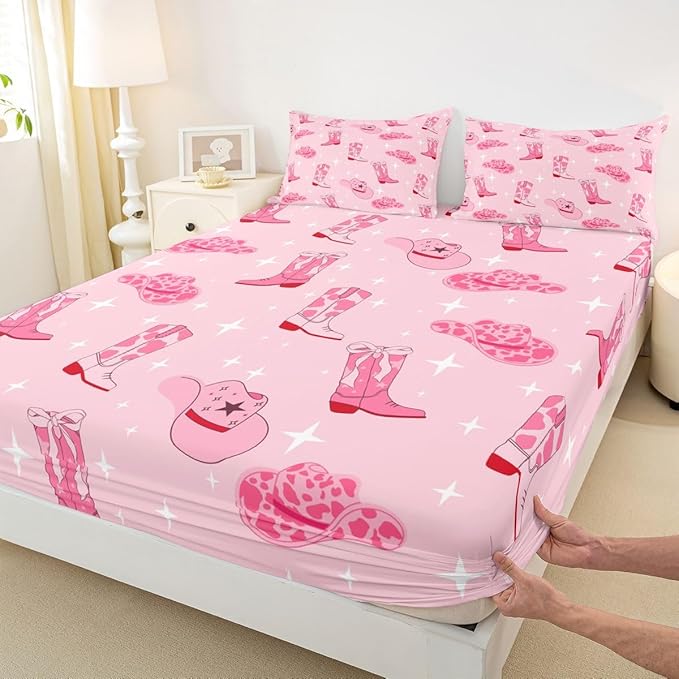 Cowgirl Pink Bed Sheet Set 3 Pieces,Western Cowgirl Boots Hats Tribal Microfiber Bedding Set Without Flat,Cartoon Lightning Pink Cowhide Starry Fitted Sheet,2 Pillow Cases,Full Size
