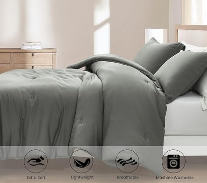 Chezmoi Collection Cliff 3-Piece Lightweight Cooling Comforter Set, King - Rayon Derived from Bamboo & Polyester Blended, Soft Breathable Bedding for Hot Sleepers, Dark Gray