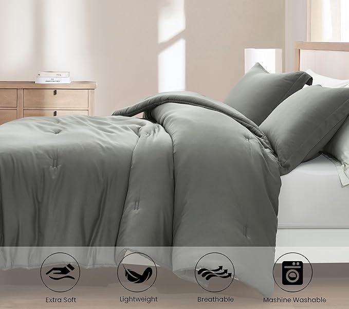 Chezmoi Collection Cliff 3-Piece Lightweight Cooling Comforter Set, Queen- Rayon Derived from Bamboo & Polyester Blended, Soft Breathable Bedding for Hot Sleepers, Dark Gray