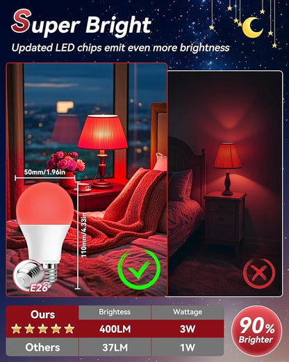 Neporal 3W 625nm Red Light Bulbs for Sleep, 100% Blue Light Blocking Bulb, Red Light Night Light for Melatonin Promoting, A19 40W Equivalent Dim Light Bulbs for Bedroom, Baby Nursery,6 Pack