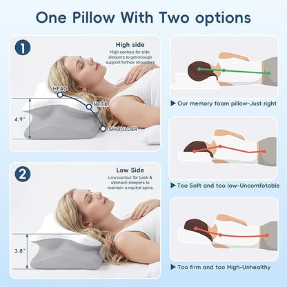 Cervical Pillow for Neck and Shoulder Support, Ergonomic Contour Pillow for Pain Relief, 2 Heights Cooling Memory Foam Orthopedic Pillow for Side Back Stomach Sleepers White Grey