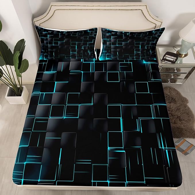 Manfei Abstract Sheet Set Full Size, Modern Geometric Square Grid Bedding Set for Kids Boys Girls Adults, Blue and Black Bed Sheet Set 4pcs with Deep Pocket Fitted Sheet + Flat Sheet + 2 Pillowcases