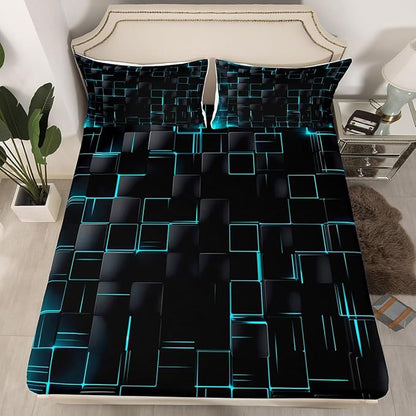 Manfei Abstract Sheet Set Queen Size, Modern Geometric Square Grid Bedding Set for Kids Boys Girls Adults, Blue and Black Bed Sheet Set 4pcs with Deep Pocket Fitted Sheet + Flat Sheet + 2 Pillowcases