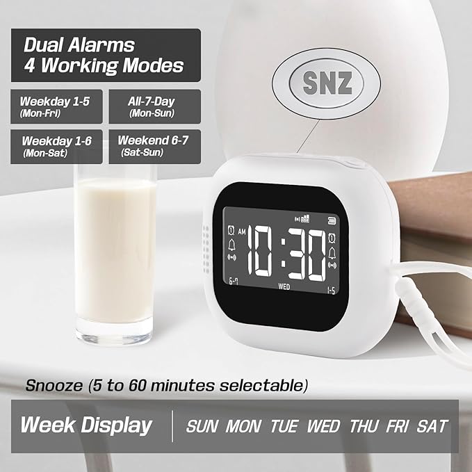 Vibrating Alarm Clock for Bedroom with White Noise, Portable Travel Alarm Clock Battery Operated, Bed Shaker for Hearing Impaired, Sleep Aid Sound Machine for Home & Camping