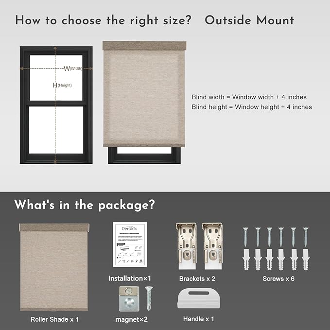 Persilux Light Filtering Roller Shades for Window Blinds,Cordless,Linen Fabric,Thermal Insulated Fabric UV Protection Shades for Home,Office,Bedroom,Door,Light Filtering-Light Brown,34" W X 64" H