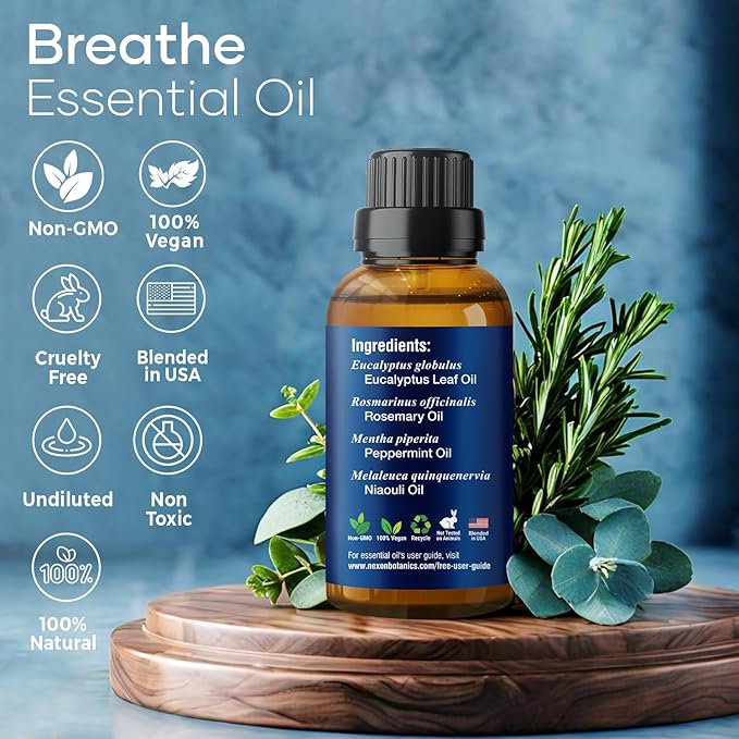 Breathe Essential Oil Blend 30 ml - Breath Sinus Relief with Menthol Oils - for Humidifiers, Diffusers, and Aromatherapy - Nexon Botanics (Pack of 2)