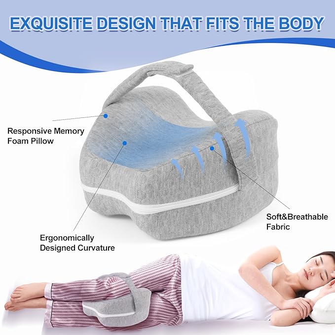 Knee and Leg Memory Foam Pillow for Side Sleepers, Ergonomic Support for Back, HIPS, Knees, Joints, Nerves and Muscle Discomfort Relief (Gray with Strap)